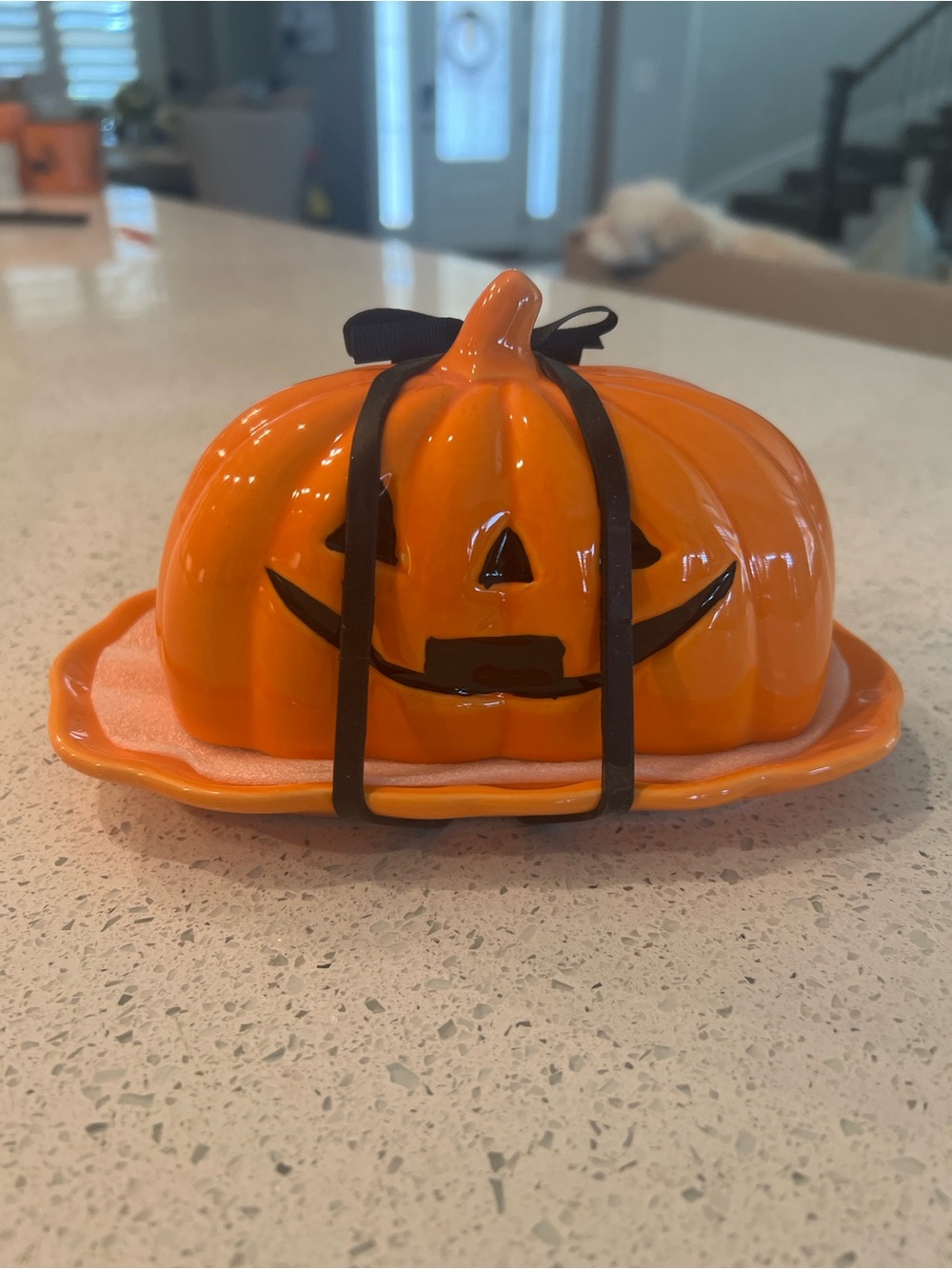 Orange Pumpkin Butter Dish with Black Trim - Seasonal Ceramic Food Storage